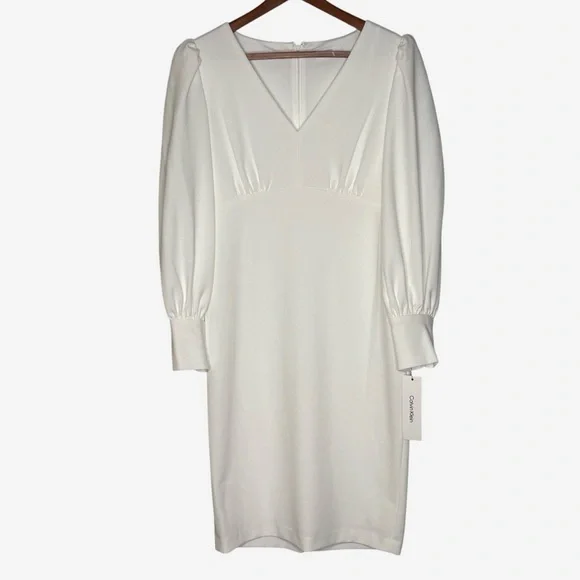 NWT Calvin Klein Bishop Puff Sleeve V-Neck Scuba-Crepe Sheath Dress 10 Ivory - Picture 3 of 14